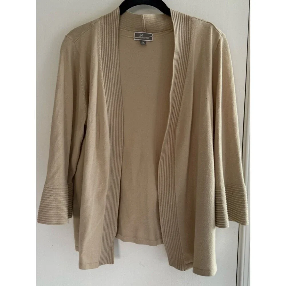 JM Collection Beige Open-Front Ribbed Trim Cardigan Size M